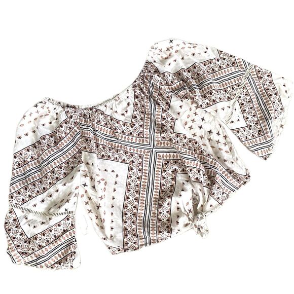 O’neil cropped short sleeve blouse XL White Tan Paisley Bohemian - Picture 2 of 8